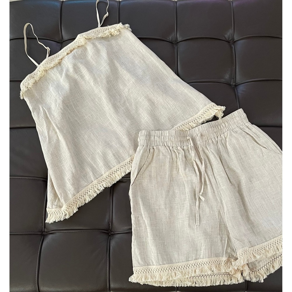CBR Boho Linen Blend Fringe Camisole and Shorts Set Oatmeal Beige Size M